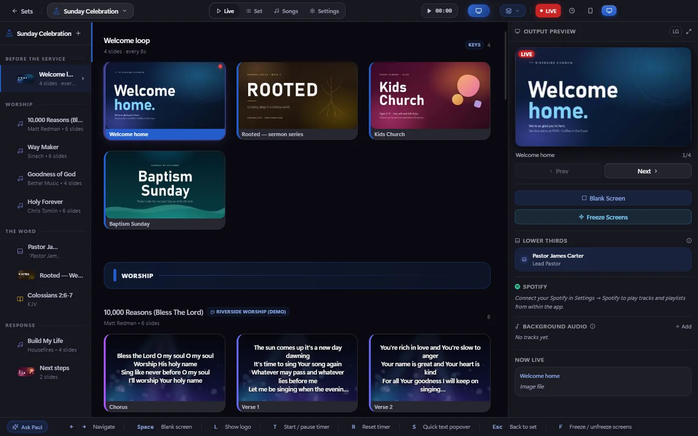 Live mode with a welcome loop of announcement graphics, the first one on screen